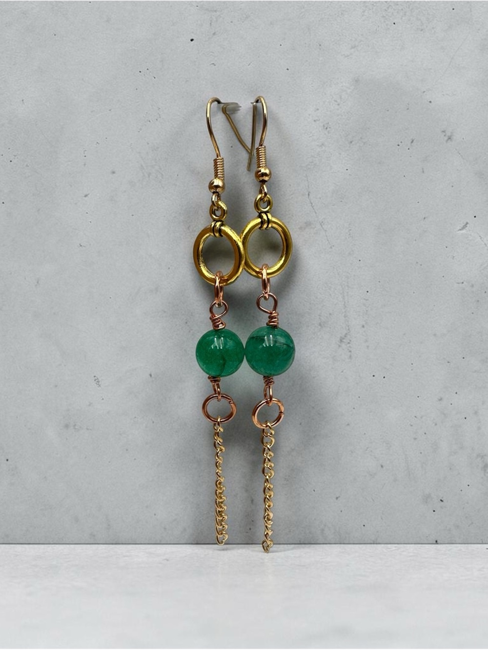 Handmade Green Beaded Dangle Earrings Gold & Copper Chain Drop Jewelry